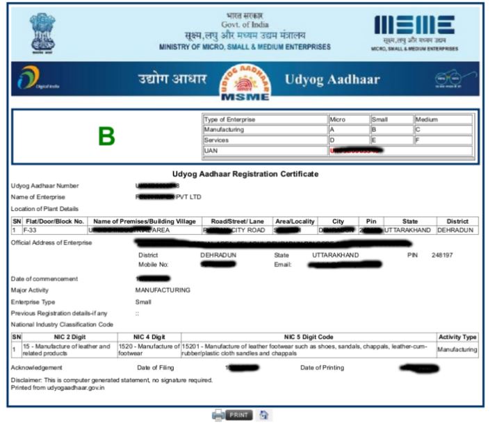 Sample certificate - Udyog Aadhaar Registration